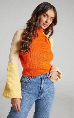 Showpo Kensley Jumper - Colour Block Turtleneck Balloon Sleeve Knit Jumper Orange | AVYSXE208