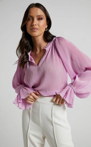 Showpo Kerray Top - V Neck Long Sleeve Pleated Top Lilac | MIYRSZ051