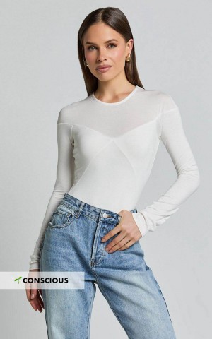 Showpo Kerryn Bodysuit - Long Sleeve Marl Cross Front Bodysuit Ivory | TMPCZB267