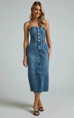 Showpo Keyla Midi Dress - Denim Strapless Button Front Shirred Back Mid Blue Wash | JERGAY845