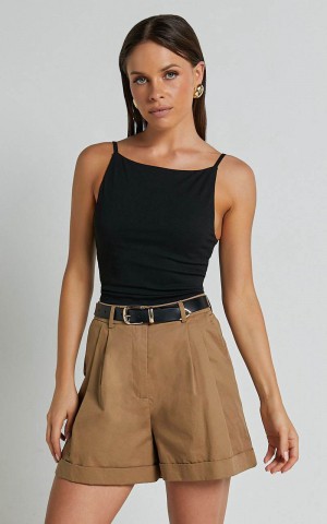 Showpo Khaimy Shorts - High Waisted Cuffed Shorts Tan | UXYRGE861