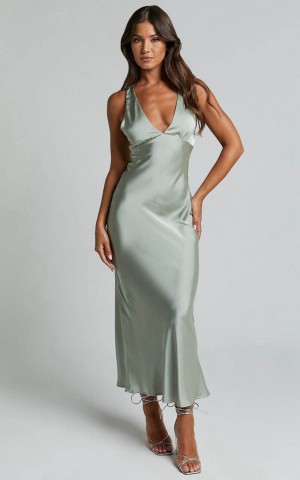 Showpo Khalani Midi Dress - Deep V Neck Satin Slip Dress Sage | FSCBJU487