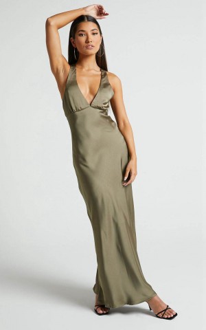 Showpo Khalani Midi Dress - Deep V Neck Satin Slip Dress Dark Olive | ABNPRJ613