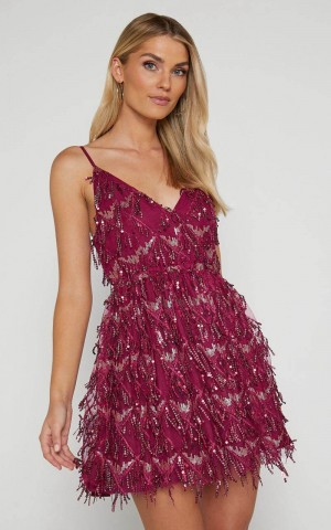 Showpo Khrizza Mini Dress - Sequin Gathered Dress Wine | HJOYDM657