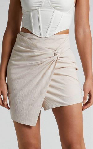 Showpo Kiandra Mini Skirt - Linen Look Twist Front Skirt Beige | TQOWKZ684