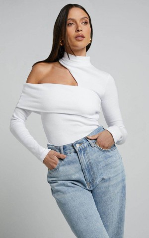 Showpo Kiefer Top - Asymmetric Long Sleeve Cutout Top White | QWMDIS541