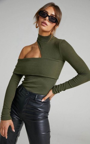 Showpo Kiefer Top - Asymmetric Long Sleeve Cutout Top Khaki | DAZGVE495