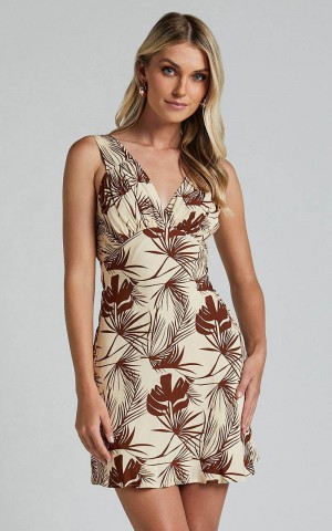 Showpo Kim Mini Dress - V Neck Empire Waist A Line Dress Beige Palm Tree | KMYHNW576