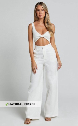 Showpo Kingston Two Piece Set - Twist Front Twill And Wide Leg Pants Set White | BSNQDC087