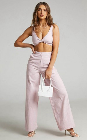 Showpo Kingston Two Piece Set - Twist Front Twill And Wide Leg Pants Set Pink | VHBGEL089