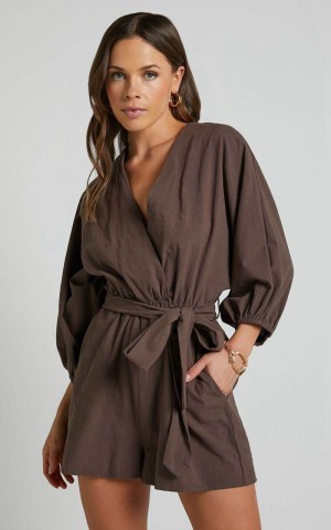 Showpo Kiro Playsuit - Linen Look V Neck Puff Sleeve Tie Waist Playsuit Chocolate | FKLDMZ205