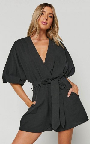 Showpo Kiro Playsuit - Linen Look V Neck Puff Sleeve Tie Waist Playsuit Black | NKZGJU312