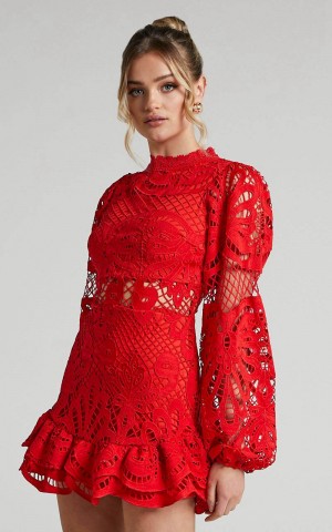 Showpo Kiss Me Now Mini Dress - Long Puff Sleeve Dress Oxy Red Lace | UHPGTD928