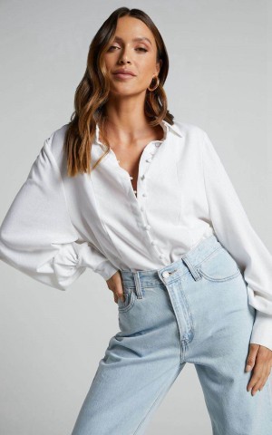 Showpo Kiva Blouse - Linen Look Long Sleeve Button Up Blouse White | PDQTFG293