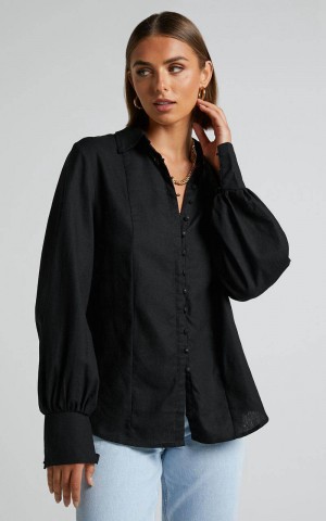 Showpo Kiva Blouse - Linen Look Long Sleeve Button Up Blouse Black | ATKJZF479