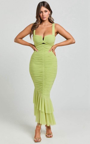 Showpo Kody Midi Dress - Bodycon Ruched Mesh Cut Out Dress Lime | PTMSXB943