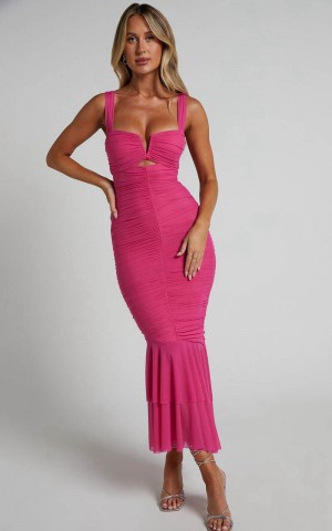 Showpo Kody Midi Dress - Bodycon Ruched Mesh Cut Out Dress Hot Pink | NWUKST412