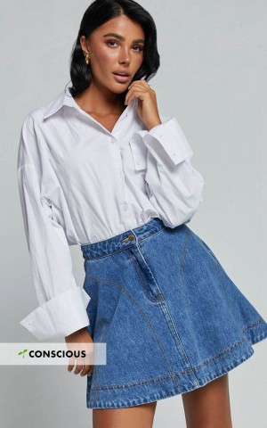 Showpo Koemi Skirt - High Waisted Denim Flare Mid Blue Wash | HPCFIT439