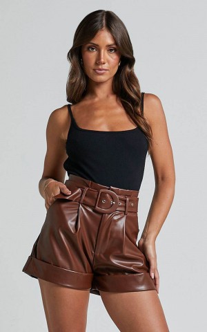 Showpo Kori Shorts - Faux Leather Tailored Shorts With Belt Chocolate | PSXLHN320