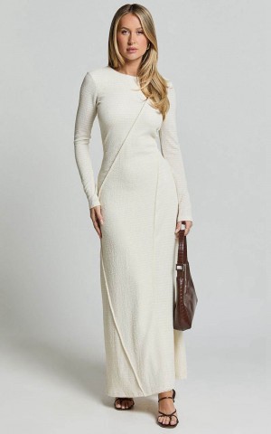 Showpo Kylie Maxi Dress - Long Sleeve Low Back Dress Cream | NCZXVF610