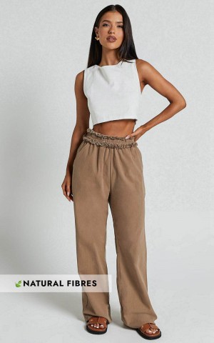 Showpo Kylie Pants - High Frayed Elasticated Waist Linen Look Pants Mushroom | ICPWDR728