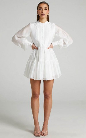 Showpo Kyra Mini Dress - Pin Tuck Detail Tiered Shirt Dress Off White | LJCOPR253