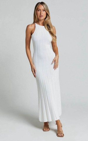 Showpo Lana Midi Dress - Racer Knitted Rib Dress Ivory | UYOJLD694