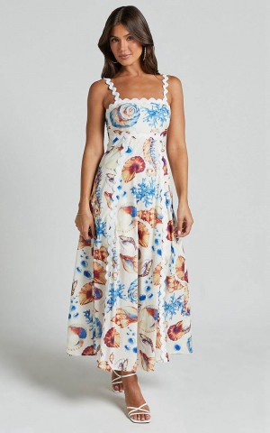 Showpo Lani Maxi Dress - Wavy Strap And Neck A Line Dress Blue And Yellow Print | NXJPWF037