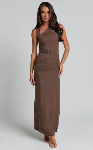 Showpo Lara Midi Dress - Asymmetrical Ruched Mesh Dress Chocolate | ZGTEKO906