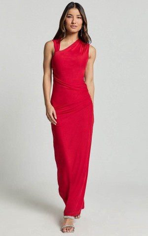 Showpo Lara Midi Dress - Asymmetrical Ruched Mesh Dress Red | CJPMAR728