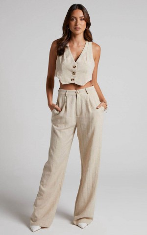 Showpo Larissa Trousers - Linen Look Mid Waisted Relaxed Straight Leg Trousers Oatmeal | CKJQIS146