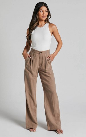 Showpo Larissa Trousers - Linen Look Mid Waisted Relaxed Straight Leg Trousers Mushroom | WEOARV214