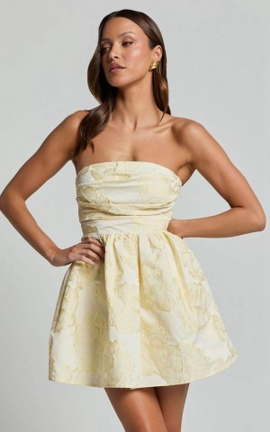 Showpo Laure Mini Dress - Strapless Jacquard Dress Lemon | FKPOXR614