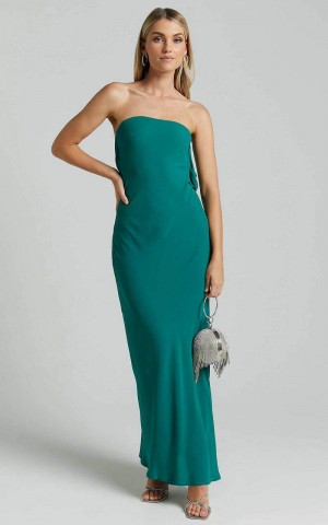 Showpo Laurelle Maxi Dress - Strapless Straight Neck Tie Back Cowl Slip Jade Green | PSUQVC810