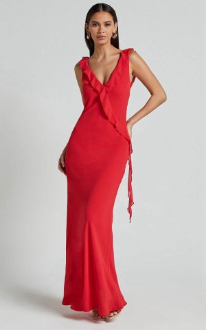 Showpo Laurie Midi Dress - Plunge Frill Detail Slip Dress Red | MZAYFG235