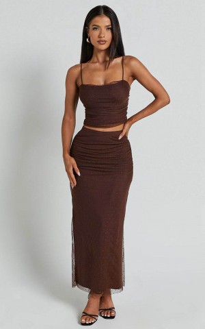 Showpo Layla Two Piece Set - Ruched Crop Top And Midi Skirt Mesh Set Chocolate Brown | QWYVCT150