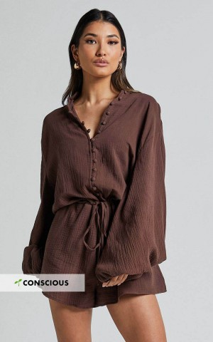 Showpo Laylani Playsuit - V Neck Puff Sleeve Chocolate | ANKOUI310