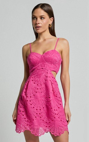 Showpo Layne Mini Dress - Strappy Cut Out Embroidered Dress Pink | KVWGBN395