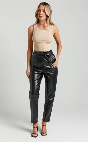 Showpo Layton Pants - Paper Bag Waist Faux Leather Pants Black | SCNHUX183