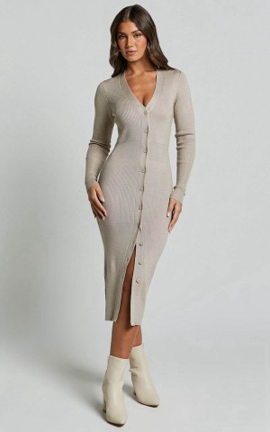 Showpo Leahanna Midi Dress - Button Front Knit Dress Taupe | ZVNBCJ379