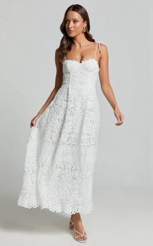 Showpo Leanne Midi Dress - Tie Shoulder Corset Lace Dress White | YQFTNH792