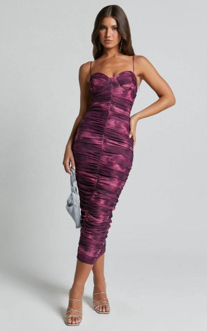 Showpo Leanor Midi Dress - Mesh Ruched Bustier Bodycon Dress Grape Print | VAXQTZ895