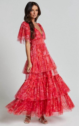 Showpo Leianna Midi Dress - Tulle Flutter Sleeve Tiered Ruffle Dress Sunset Floral | SLCXKZ764