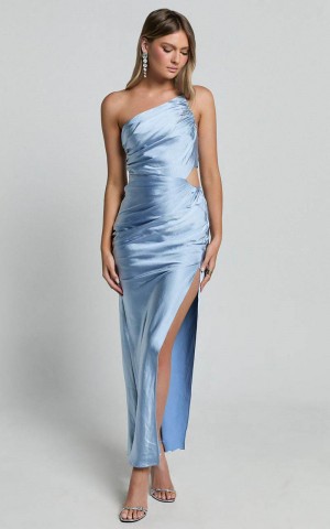 Showpo Leighton Maxi Dress - One Shoulder Ruched Thigh Split Slip Dress Blue | JTQAVO942