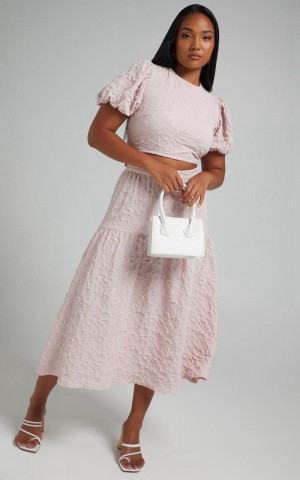 Showpo Leila Two Piece Set - Puff Sleeve Top And Midi Skirt Set Pink | TRYCEI305