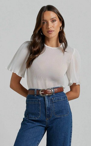 Showpo Lennon Top - Scoop Neck Short Sleeve Pleated Top White | OFVDLW309