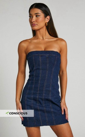 Showpo Lennox Mini Dress - Strapless Pannelled Dress Indigo Blue | KIAOJY283