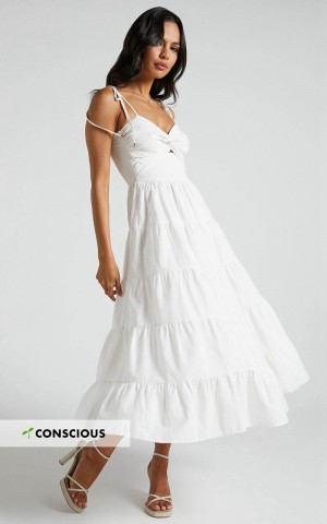 Showpo Leticia Midi Dress - Twist Front Tie Strap Tiered Dress Off White | DAOLRN501