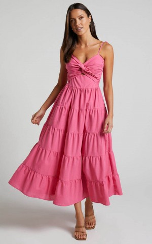 Showpo Leticia Midi Dress - Twist Front Tie Strap Tiered Dress Hot Pink | YHOINF860