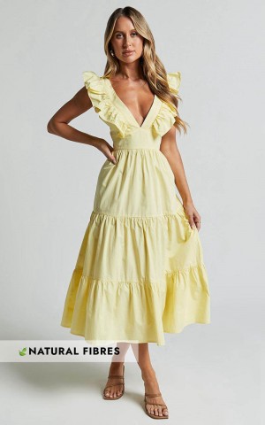 Showpo Levona Midi Dress - Ruffle Shoulder Tiered Dress Lemon | UTDRZA591